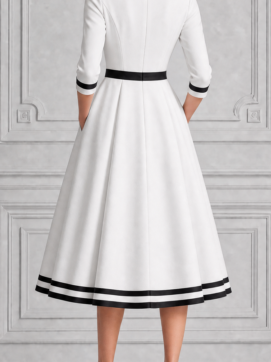 White Dress Contrast Trim Bow Belt A-Line Midi Dress