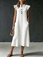 Women's Casual Loose-fitting Ruffles Linen And Cotton Henry Collar Sleeveless Dress