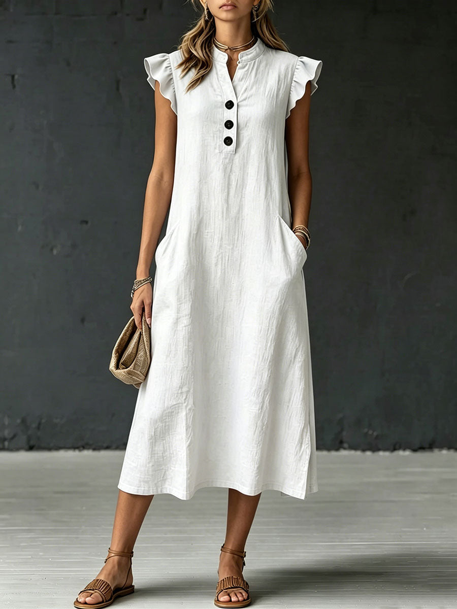 Women's Casual Loose-fitting Ruffles Linen And Cotton Henry Collar Sleeveless Dress