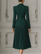Green Pinstripe Tailored Blazer & Pleated A-Line Midi Skirt Two-Piece Suit Set