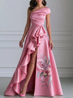 Floral Ruched One-Shoulder Ruffle Satin Evening Gown