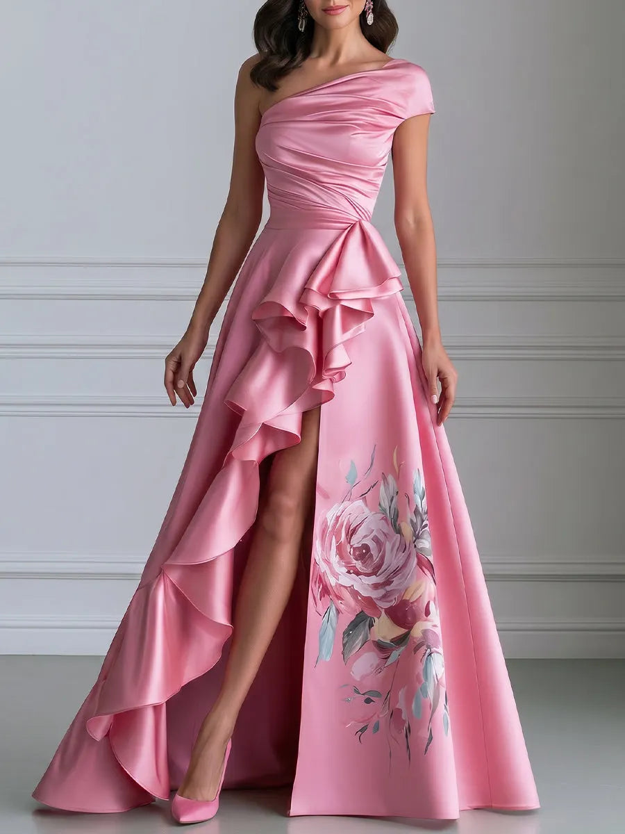 Floral Ruched One-Shoulder Ruffle Satin Evening Gown