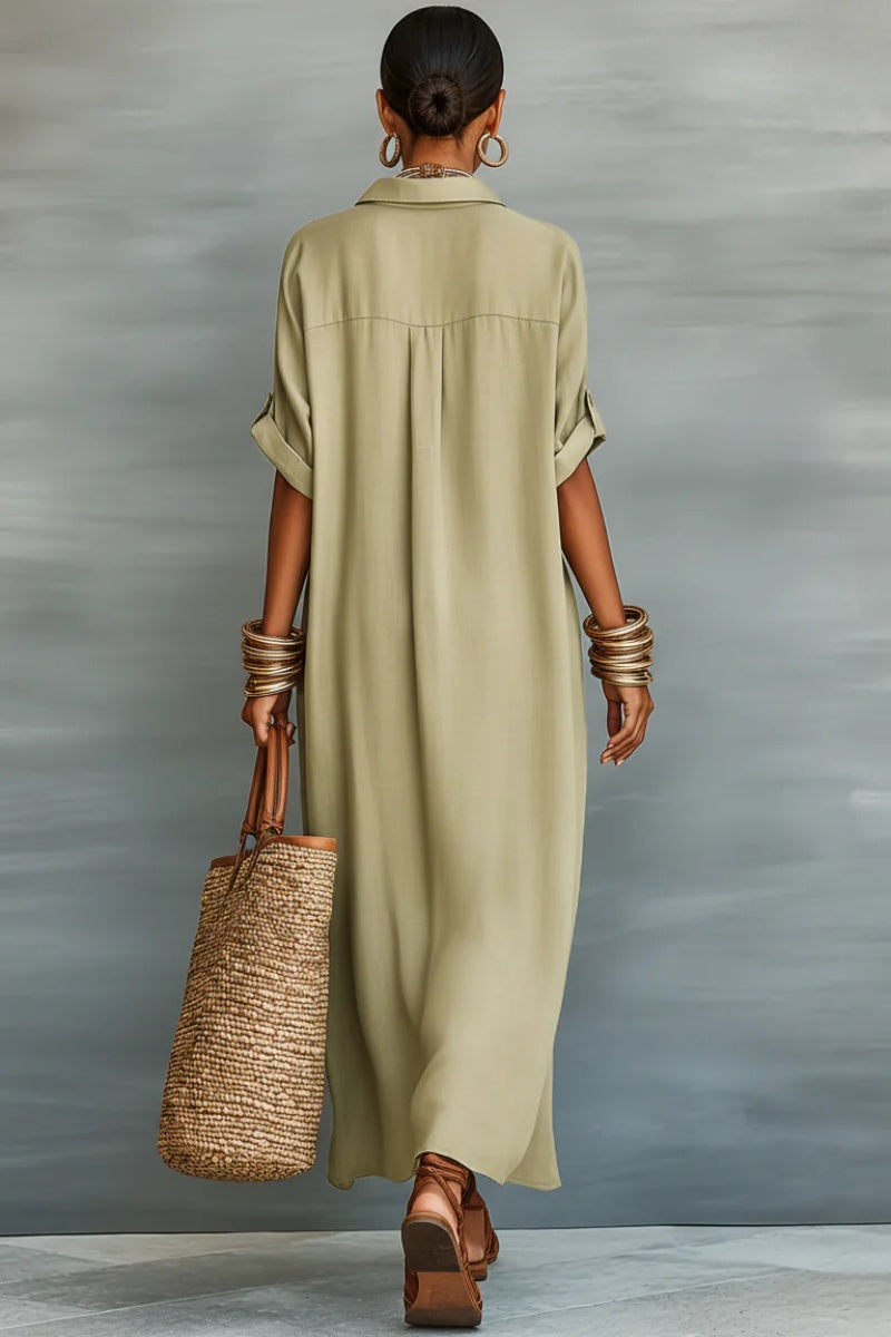 Women's Minimalist Linen Blend Short-sleeved Shirt Maxi Dress