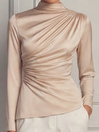 Champagne Satin High Neck Ruched Long Sleeve Blouse