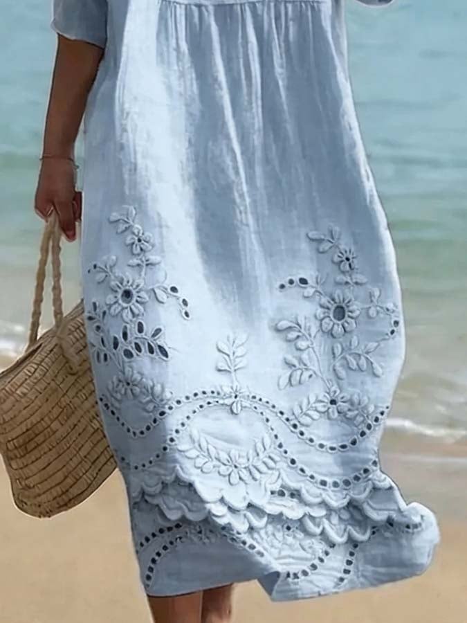 Women's Casual  Round Neck Mid Sleeve Print Cotton and Linen Dress