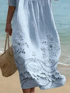Women's Casual  Round Neck Mid Sleeve Print Cotton and Linen Dress