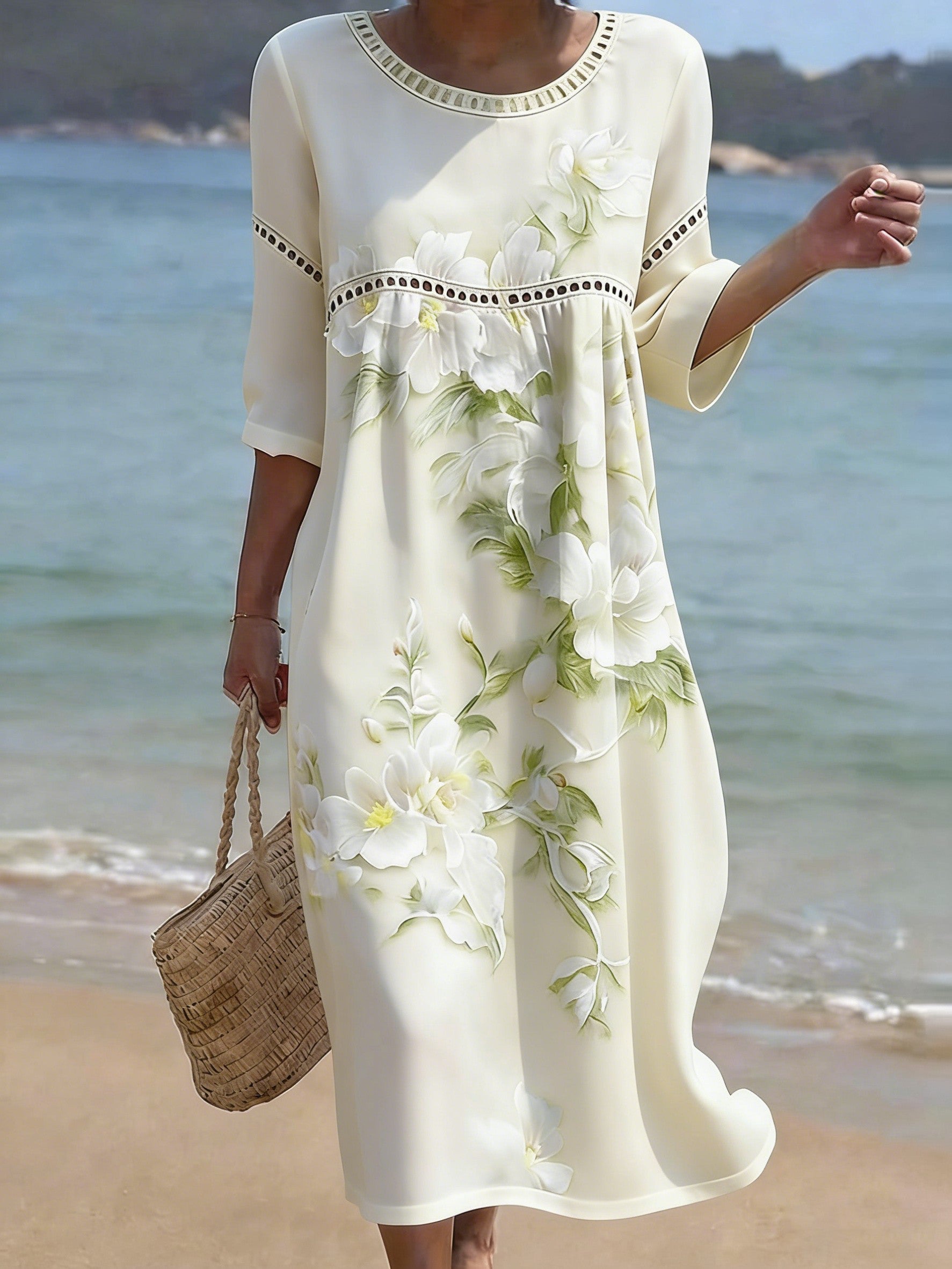 Women's Folk Flowers Print Crew Neck Cotton Pocket Dress