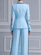 Sky Blue Floral Embroidered Deep V Tailored Blazer & Wide Leg Trousers Two-Piece Suit Set