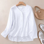 Solid Color V-Neck Long Sleeved Loose Shirt