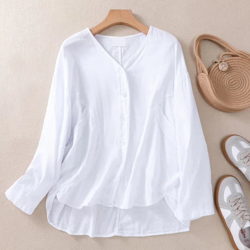 Solid Color V-Neck Long Sleeved Loose Shirt