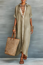Women's Minimalist Linen Blend Short-sleeved Shirt Maxi Dress