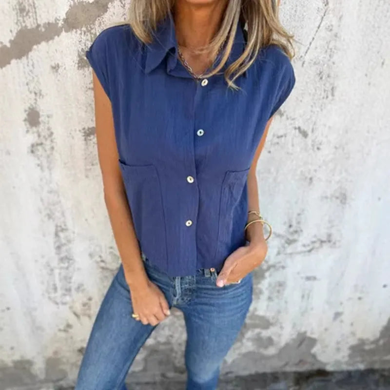 Casual Patch Pockets Linen Blend Shirt