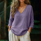 Casual Loose Linen Long-sleeved V-neck T-shirt