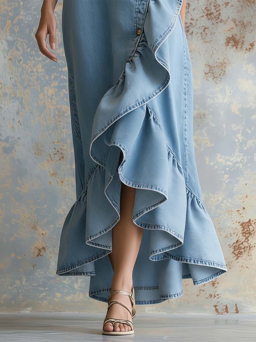 Women's Retro Ruffled Art Stylish Button Casual No Sleeve Denim Dress