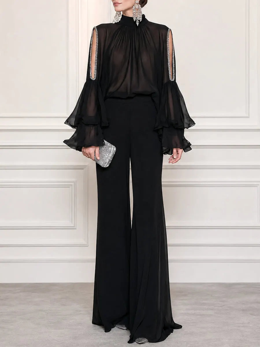 Sheer Chiffon High Neck Cold Shoulder Ruffle Sleeve Blouse with Wide Leg Pants Set