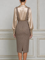 Champagne Satin Shirt Collar Blouse & Brown Houndstooth Suspender Pencil Midi Dress Two-Piece Set