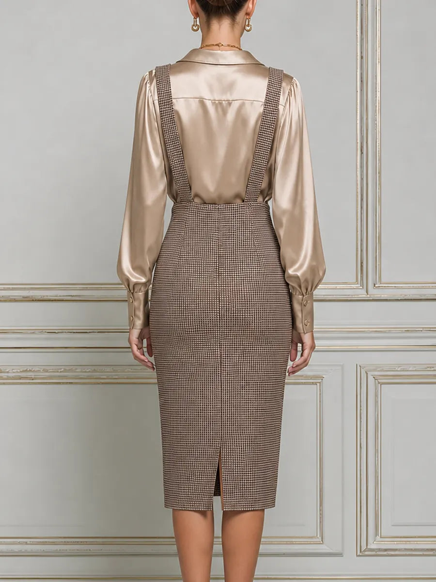 Champagne Satin Shirt Collar Blouse & Brown Houndstooth Suspender Pencil Midi Dress Two-Piece Set
