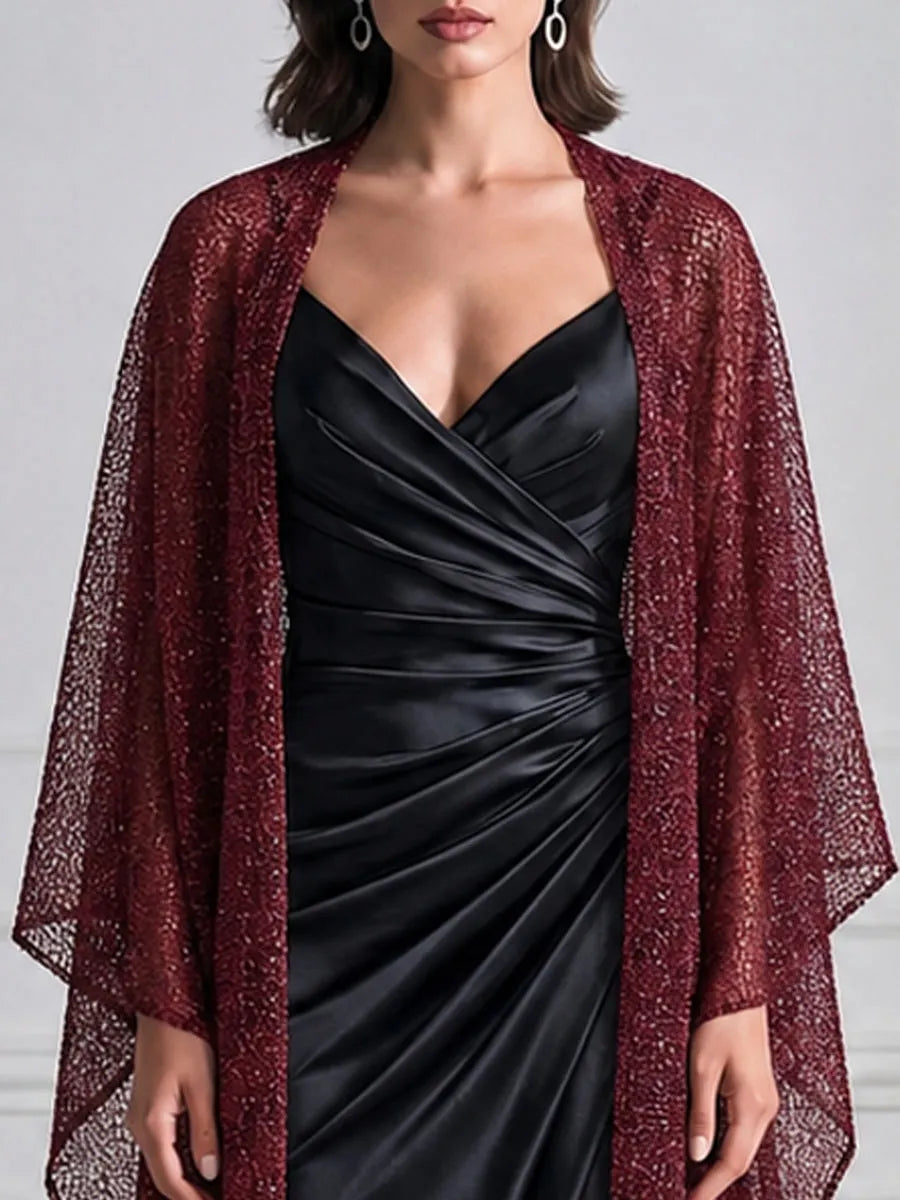 Ruched Satin Maxi Evening Gown With Glitter Mesh Shawl