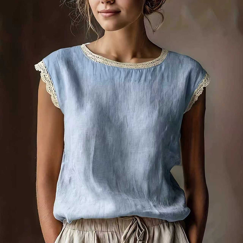 Retro Loose Solid Color Round Neck Lace Patchwork Sleeveless T-shirt