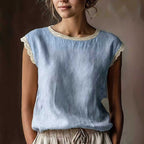 Retro Loose Solid Color Round Neck Lace Patchwork Sleeveless T-shirt