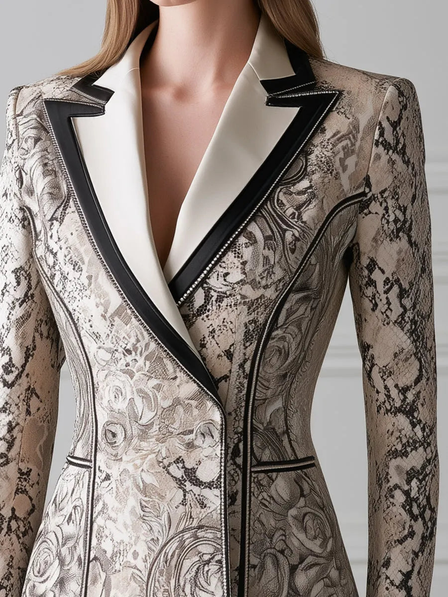 Ornate Snake Print Contrast-Lapel Tailored Blazer