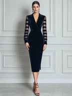 Velvet Lapel-Collar Striped Mesh Sleeve Bodycon Midi Dress