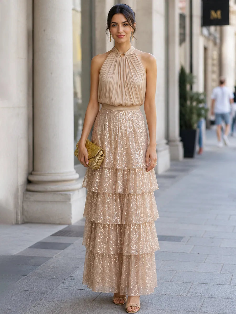 Premium Champagne Pleated Halter Top & Layered Sequin Maxi Skirt Two-Piece Set