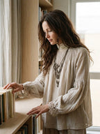 Lace-trimmed Pleated Cotton Linen Blouse
