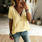 Women's Solid Color Lace Cotton Linen Short-sleeve V-neck Top