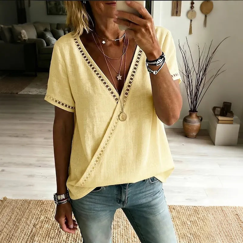 Women's Solid Color Lace Cotton Linen Short-sleeve V-neck Top