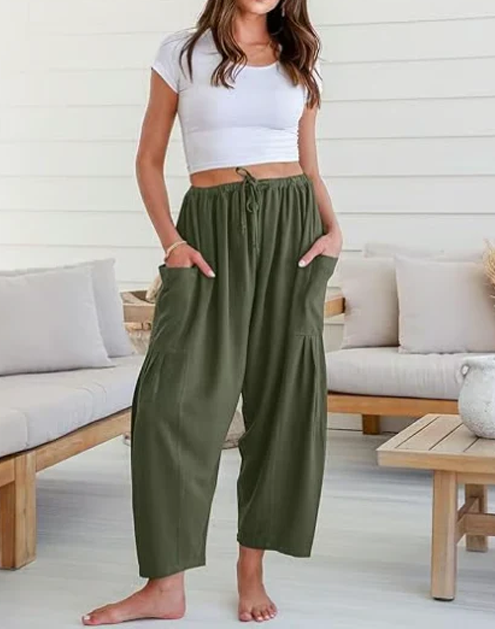 Womens Linen Wide Leg Pants Casual Loose Beach Palazzo Harem Pants with Pockets Summer Outfit