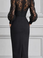 Black Lace Dress Fall Wedding Guest Dress Puff Sleeve Pencil Midi Dress