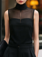Sleeveless Sheer Panel High-Neck Blouse
