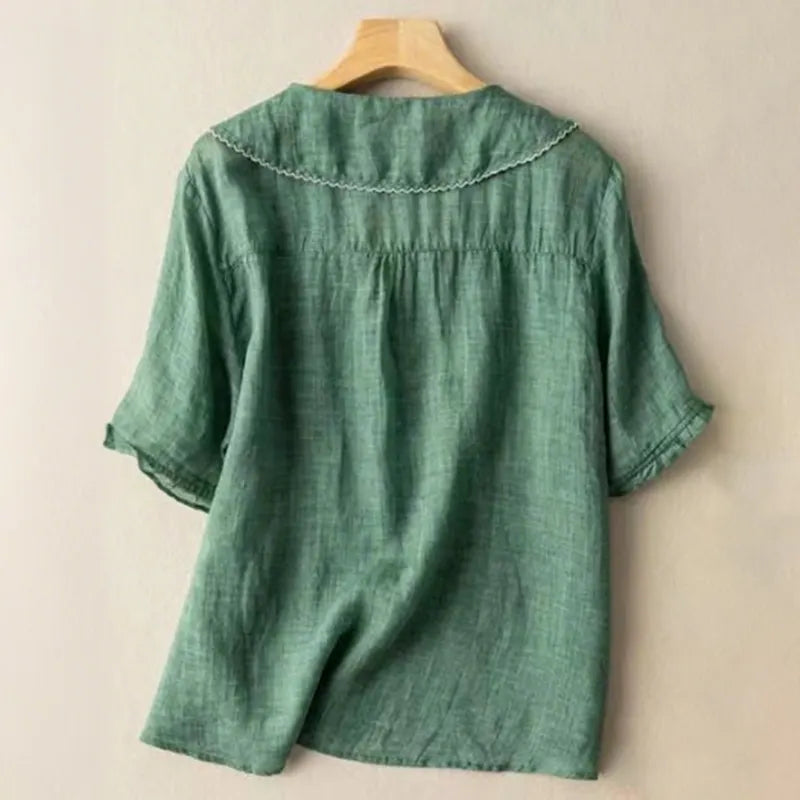 Women's Casual Short-sleeved Sailor Collar Linen Blend Blouse