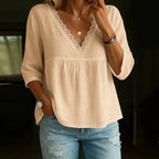 Women's Vintage Lace Cotton And Linen V-neck T-shirt