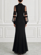 Collared Sheer Striped Mesh Puff Sleeve Fishtail Mermaid Maxi Dress
