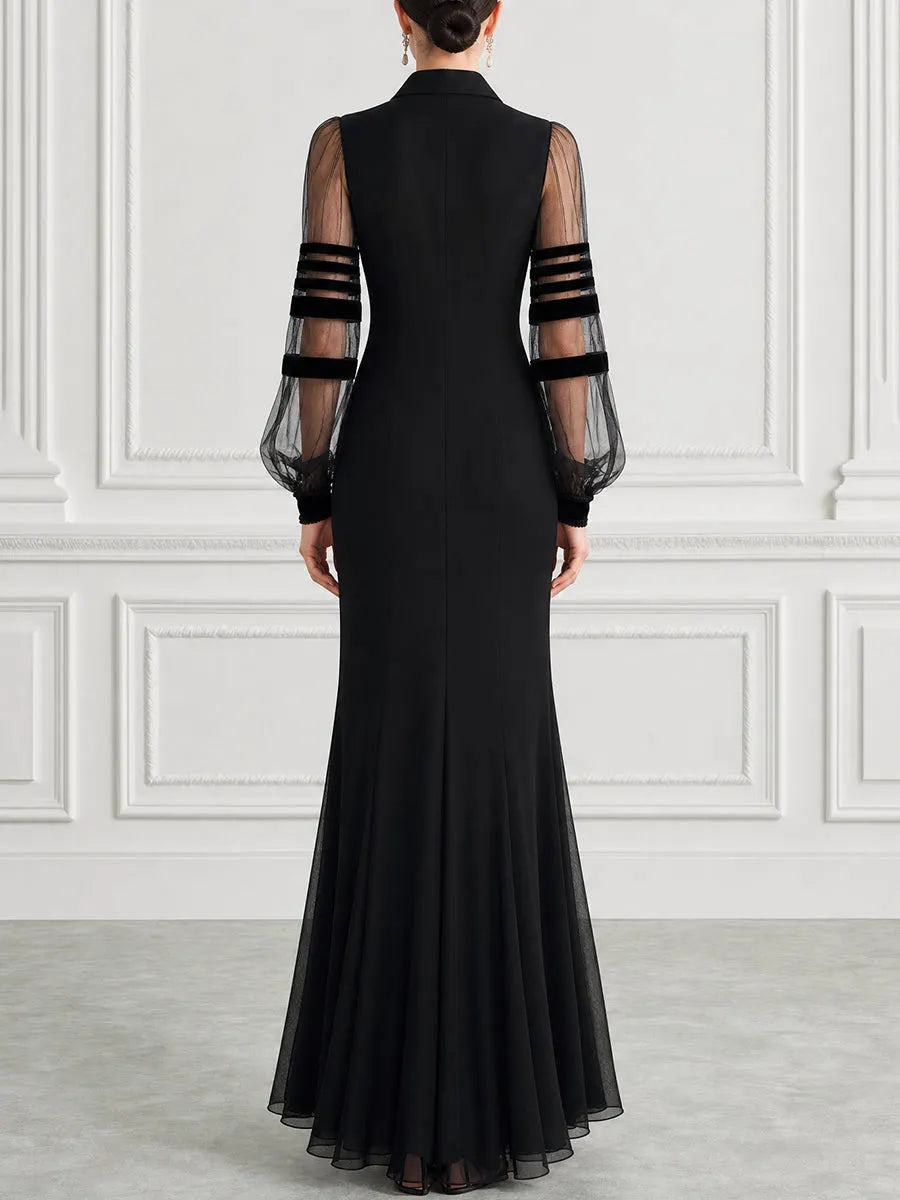 Collared Sheer Striped Mesh Puff Sleeve Fishtail Mermaid Maxi Dress