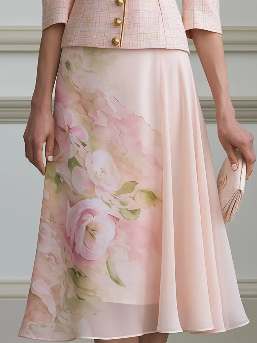 Tweed Shawl-Collar Jacket & Floral Chiffon Midi Skirt Set