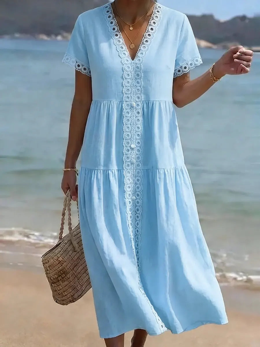 Women's Simple Lace-trim Cotton And Linen Dress