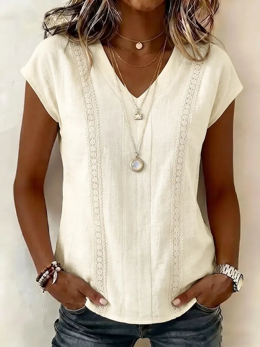 Simple V-neck Cotton And Linen Short Sleeve Top