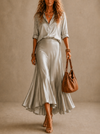 Grey Satin Button Down Shirt & High Waist Flared Midi Skirt Two Piece Set