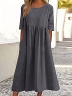 2025 spring and summer new round neck 5-quarter sleeve large size loose long cotton and linen dress