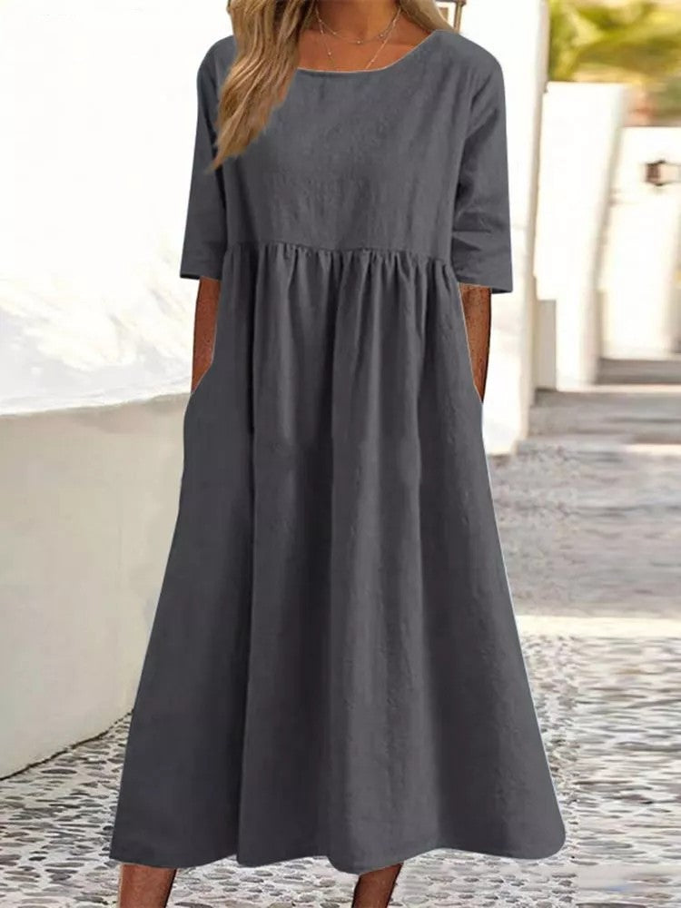 2025 spring and summer new round neck 5-quarter sleeve large size loose long cotton and linen dress
