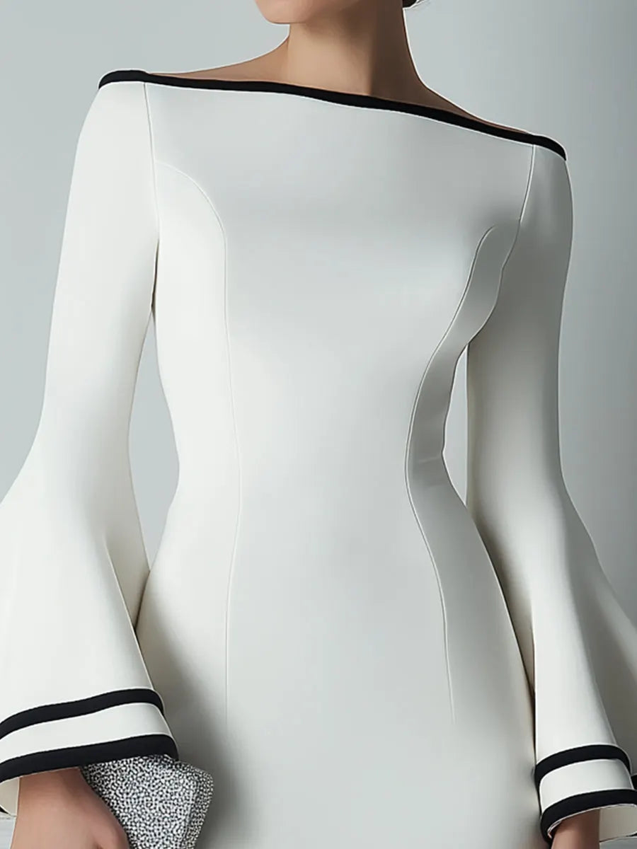 Boat-Neck Contrast-Trim Bell-Sleeve Bodycon Midi Dress
