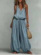 Women's Cotton-linen Embroidered Vest Lantern Wide-leg Pants