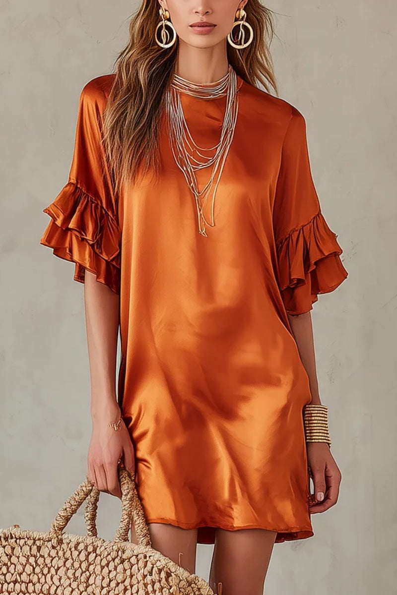 Elegant Rust Satin Ruffle-Sleeve Mini Dress