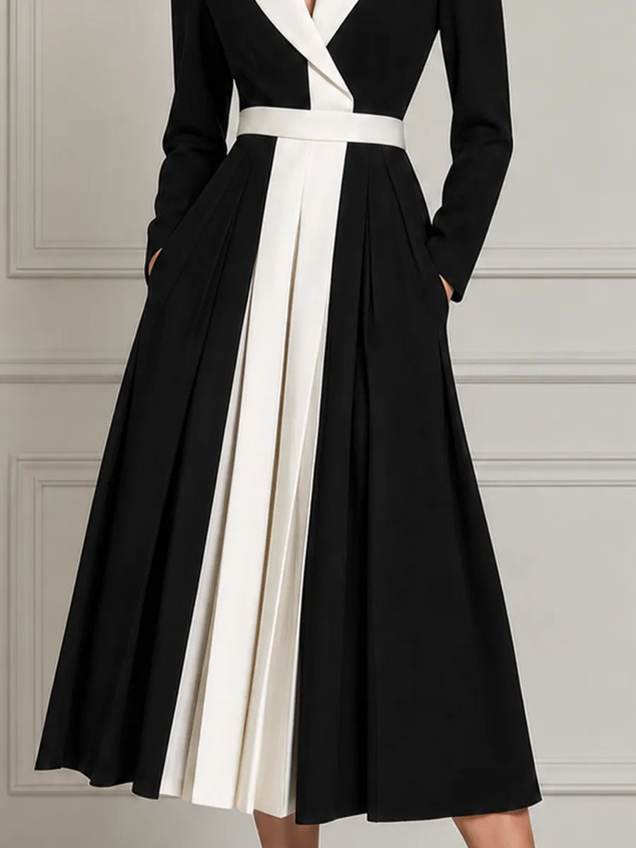 Black White Contrast Lapel Belted Pleated A-Line Blazer Midi Dress
