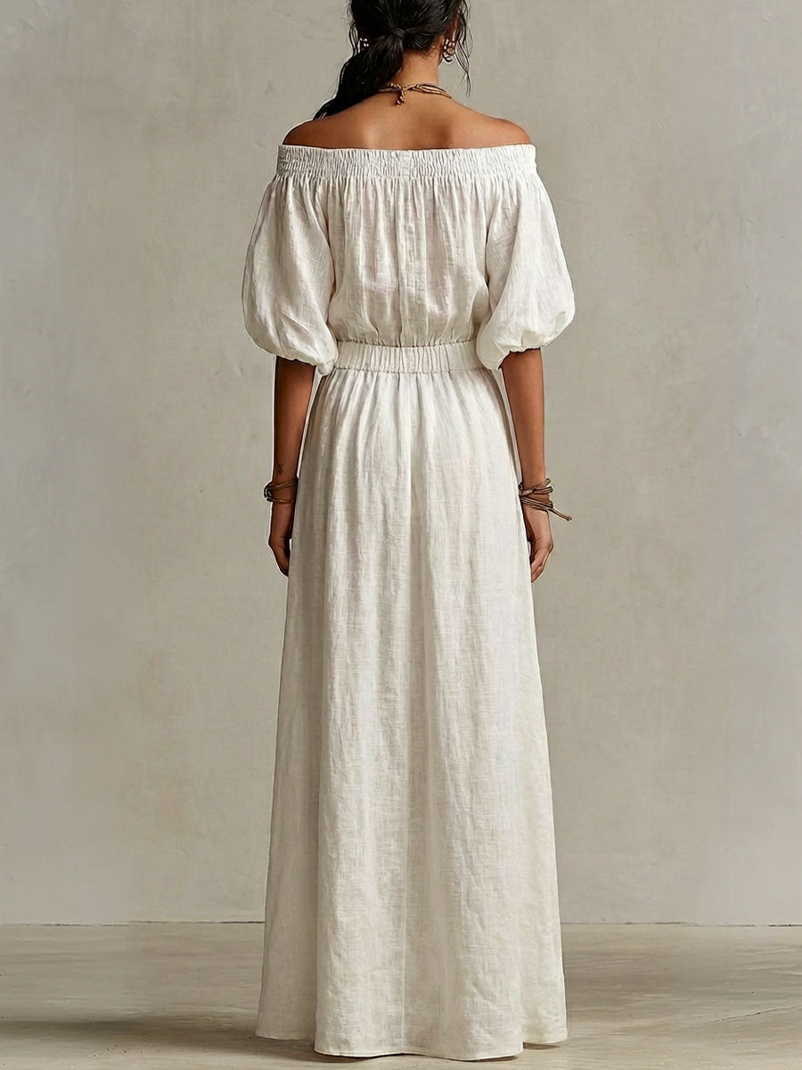 Women's Solid-color Off-the-shoulder 3/4-sleeve Casual Loose Cotton-linen Dress