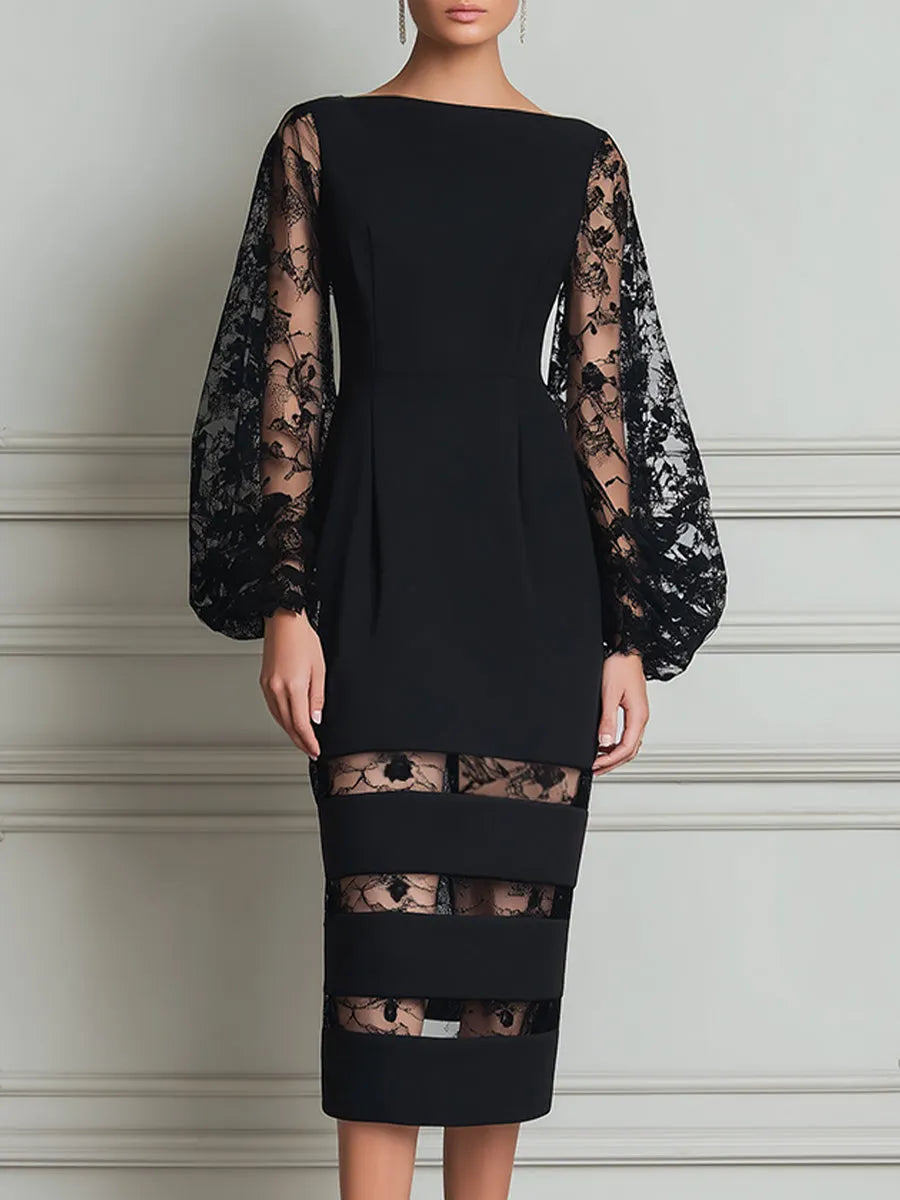 Bateau Neck Floral Lace Balloon Sleeve Sheer-Stripe Hem Bodycon Midi Dress