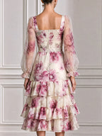 Floral Smocked Sheer Puff Sleeves & Ruffle Hem Midi Dress